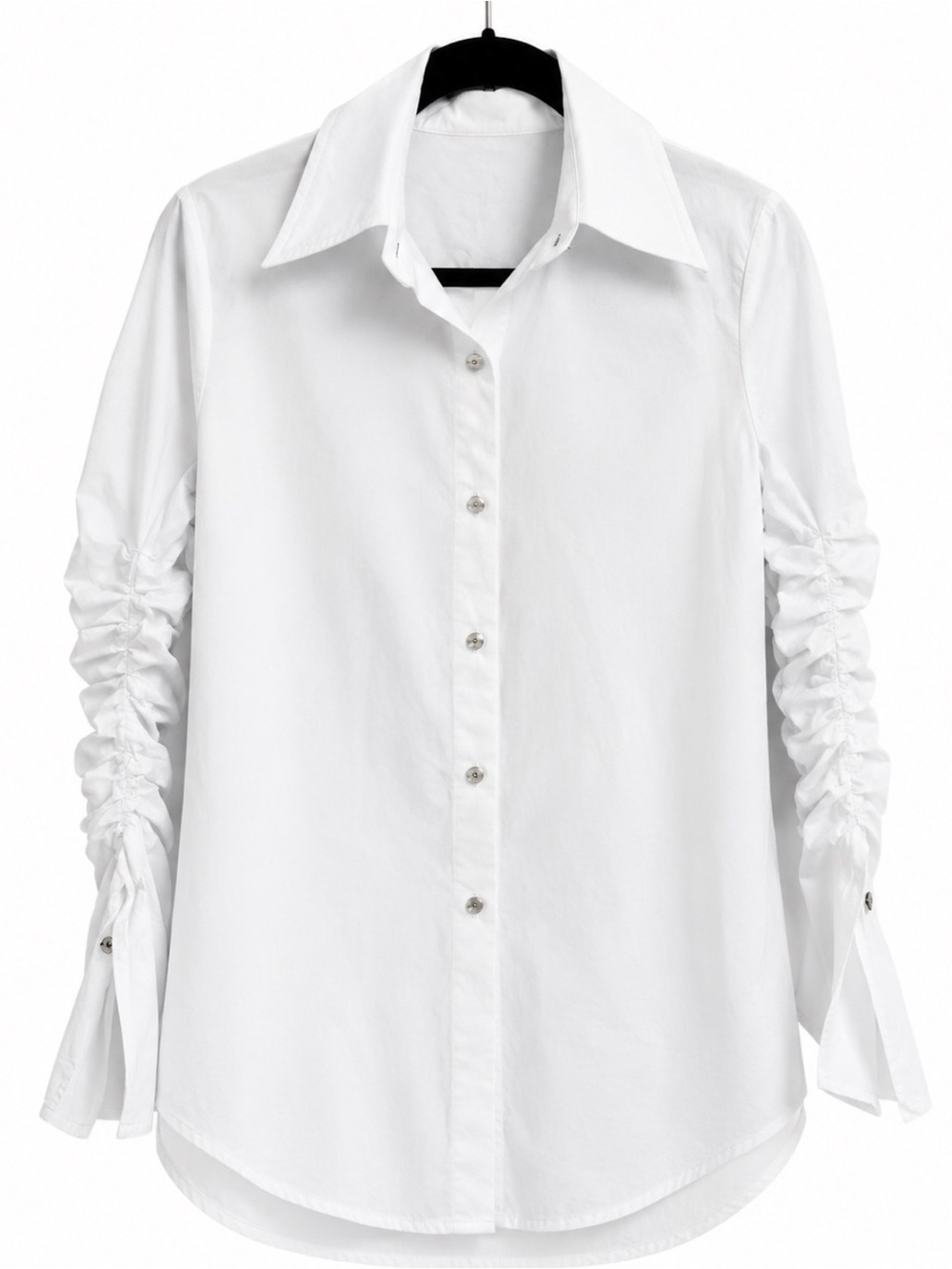 Magaschoni Women’s White Button-Down Shirt with Ruched Sleeves Size Small